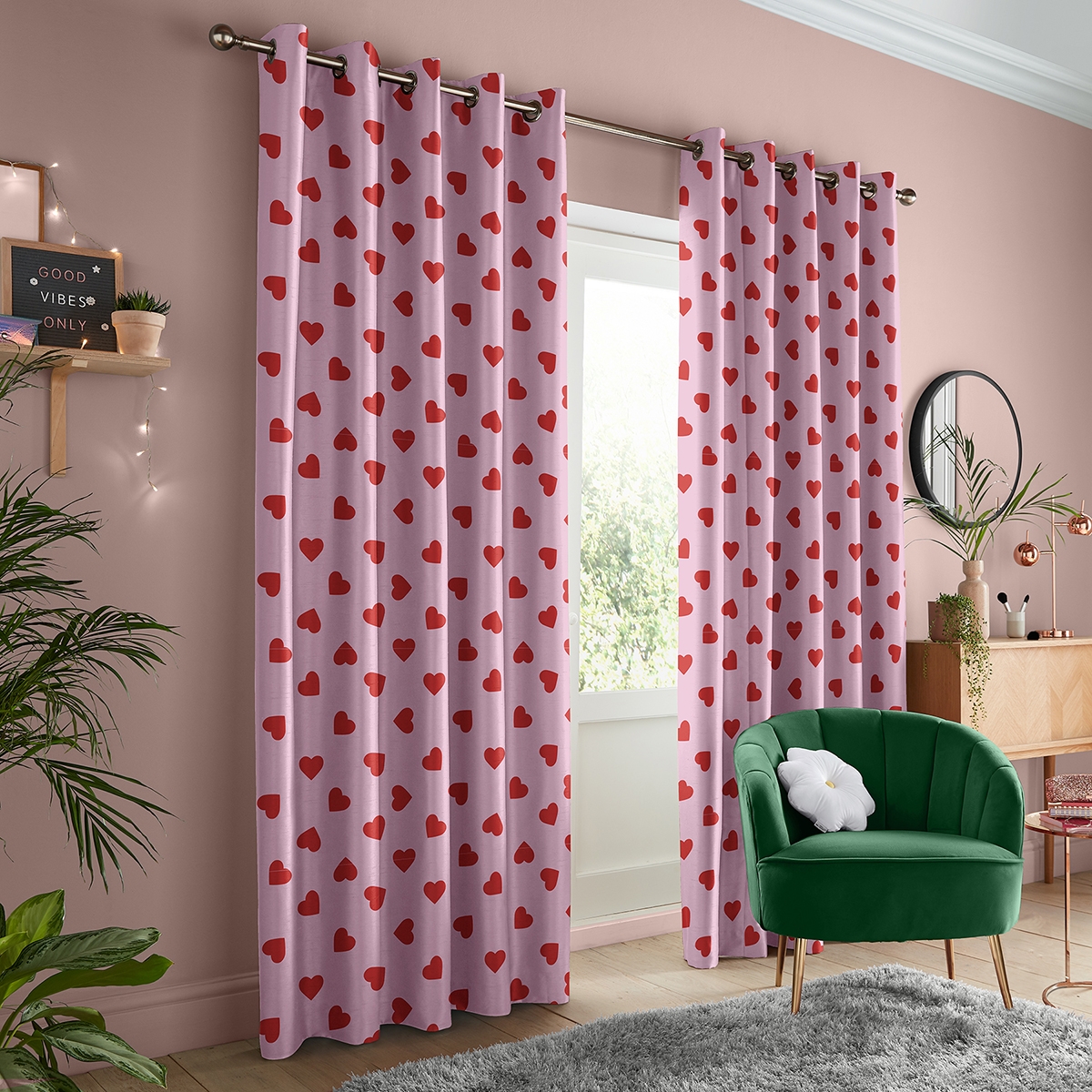 Product photograph of Skinny Dip Hearts Pink Curtain from Choice Furniture Superstore.